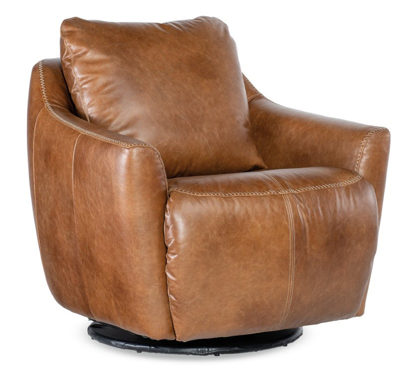 Hooker Furniture Beau Pecan Caramel Top-Grain Leather Swivel Chair With Touch Power Footrest And Tailored Topstitching CC612-PFSW-082