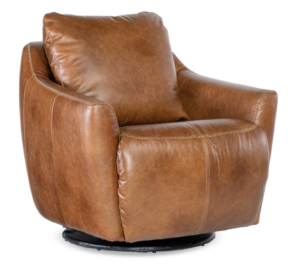 Hooker Furniture Beau Pecan Caramel Top-Grain Leather Swivel Chair With Touch Power Footrest And Tailored Topstitching CC612-PFSW-082
