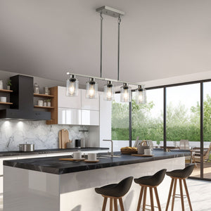 English Elm 37" Five-light Iron Chandelier Brushed Nickel Finish Clear Glass Linear Kitchen Pendant W1340P206715
