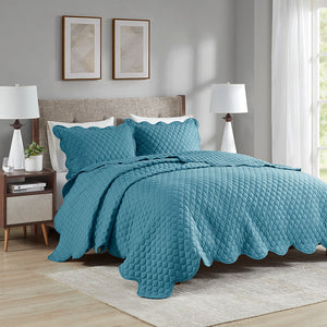 Madison Park Nala Casual 3 Piece Scalloped Edge Crinkle Microfiber Quilt Set MP13-8196 Teal