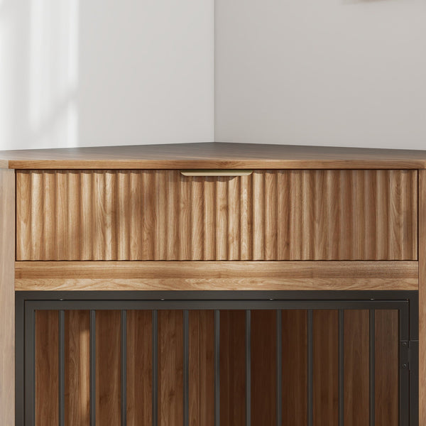 English Elm 44.6'' Corner Mdf Dog Kennel Cabinet with Fluted Drawer End Table for Modern Living Natural Walnut W5216P415905