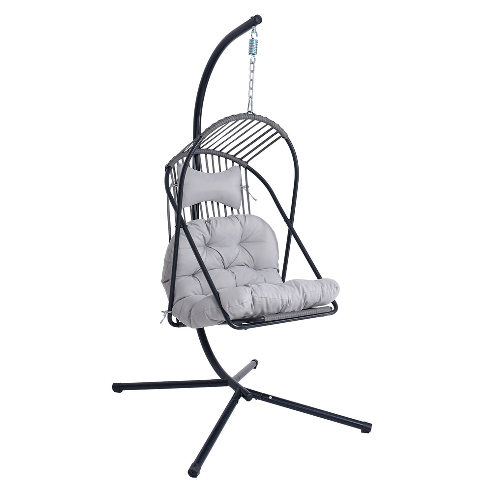 English Elm Hanging Egg Chair with Freestanding Steel Stand Rattan Cocoon Seat for Patio Balcony Black+Gery T5880P494885