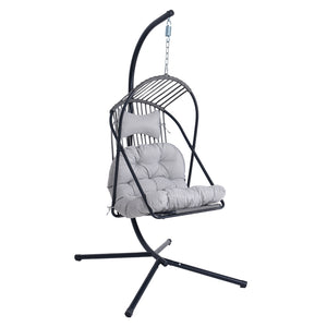 English Elm Hanging Egg Chair with Freestanding Steel Stand Rattan Cocoon Seat for Patio Balcony Black+Gery T5880P494885