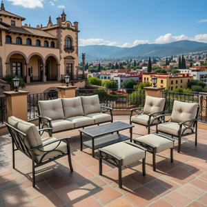 English Elm 7-piece Outdoor Sectional Set Steel Frame 9 Seat Patio Conversation with Cushioned Ottomans Beige B082S00119