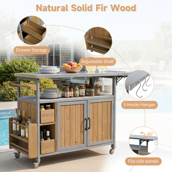 English Elm 54.33" Farmhouse Outdoor Kitchen Cart Solid Fir Frame Steel Top Storage Bbq Prep Blue Gray,Walnut Brown N767P379702B