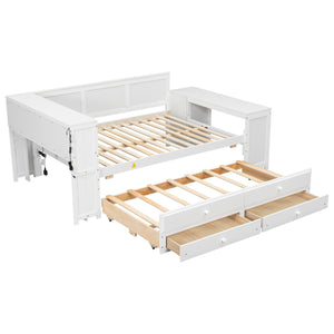 English Elm Full Size Pine Wood Platform Daybed with Led Headboard Desk Storage and Charging White N7090000475K-1