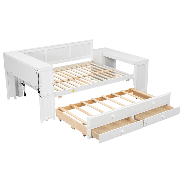 English Elm Full Size Pine Wood Platform Daybed with Led Headboard Desk Storage and Charging White N7090000475K-1