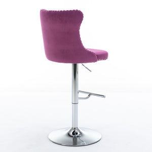 English Elm Swivel Velvet Barstools Adjustable 25–33" Height, Tufted Back, Chrome 17.7" Base, Purple Set of 2 W1143137914