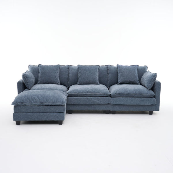 English Elm Beige Chenille Sectional Sofa with Modular Ottoman for Living Room or Studio Blue W2603S00007