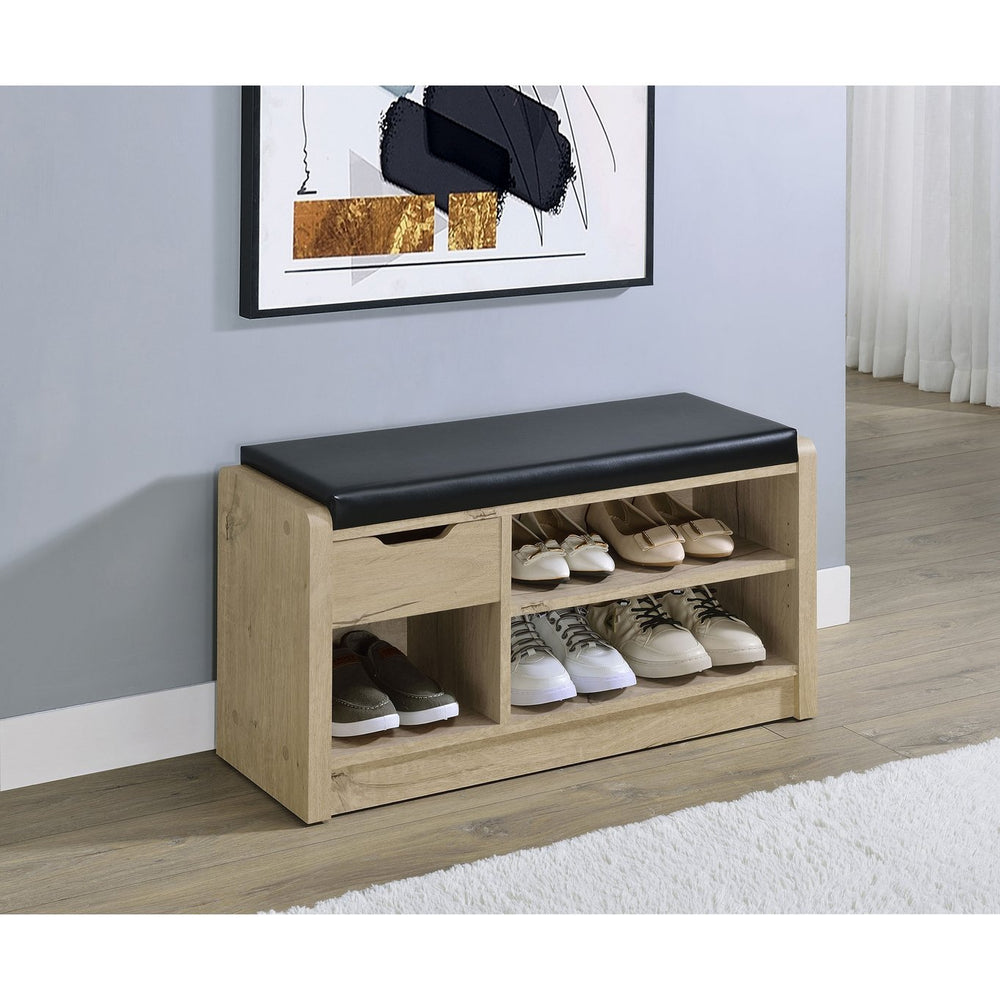 English Elm Astor Smoked Finish Entryway Bench with Drawer Open Shelving and Faux Leather Seat White Oak B062P440254