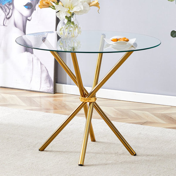 English Elm A Round Tempered Glass Dining Table with Sculptural Black Metal Legs for Modern Spaces W1151P411358