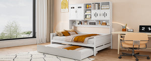 English Elm Full Size Wooden Daybed With Twin Trundle, Integrated Storage Cabinet & Stylish White Finish N820S00027K