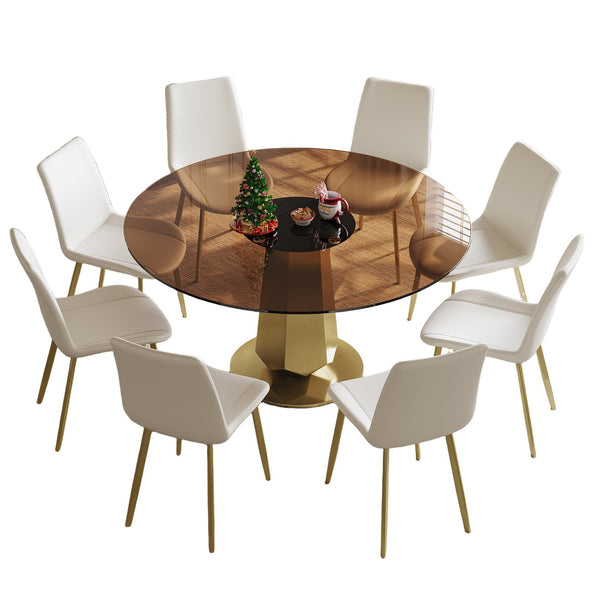 English Elm 53 Inch Round Smoked Glass Dining Table with Gold Steel Base Seats Eight W2700S00095