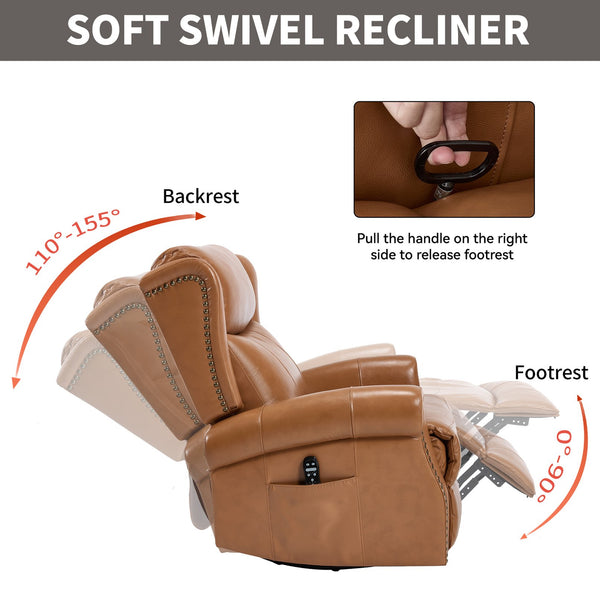 English Elm Heat Massage Swivel Rocker Recliner in Genuine Leather for Living Room Comfort W3224S00013