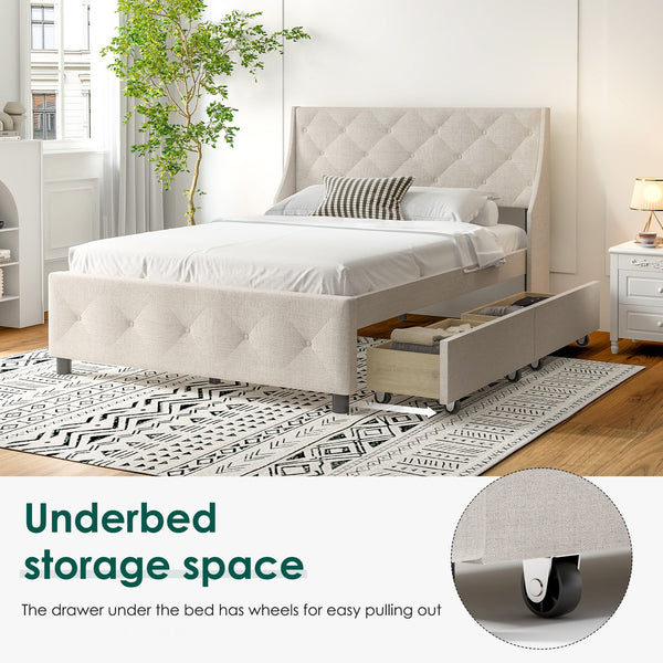 English Elm Queen Size Bed Frame Carbon Gray with Storage Headboard & 4 Drawers, Quiet Metal Platform, No Box Spring Needed W2896S00002