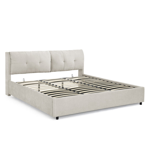 English Elm King Size Upholstered Hydraulic Platform Bed With Storage, Integrated Headboard - Soft Beige Elegance W1413S00062