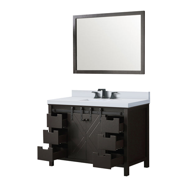 English Elm Brown 48 In. Bath Vanity Set With White Quartz Countertop, Matte Black Faucet & 44 In. Mirror B2731S01279