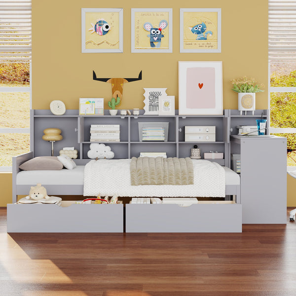 English Elm Twin L-Shape Daybed with Storage, 3 Cabinets & 2 Drawers, Built-In Desk Bookshelf, Gray Twin N733S247070E