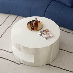 English Elm 31.5'' Round Coffee Table with Hidden Storage and Vertical Stripe Accent, Modern Durable MDF Design White W757P206006