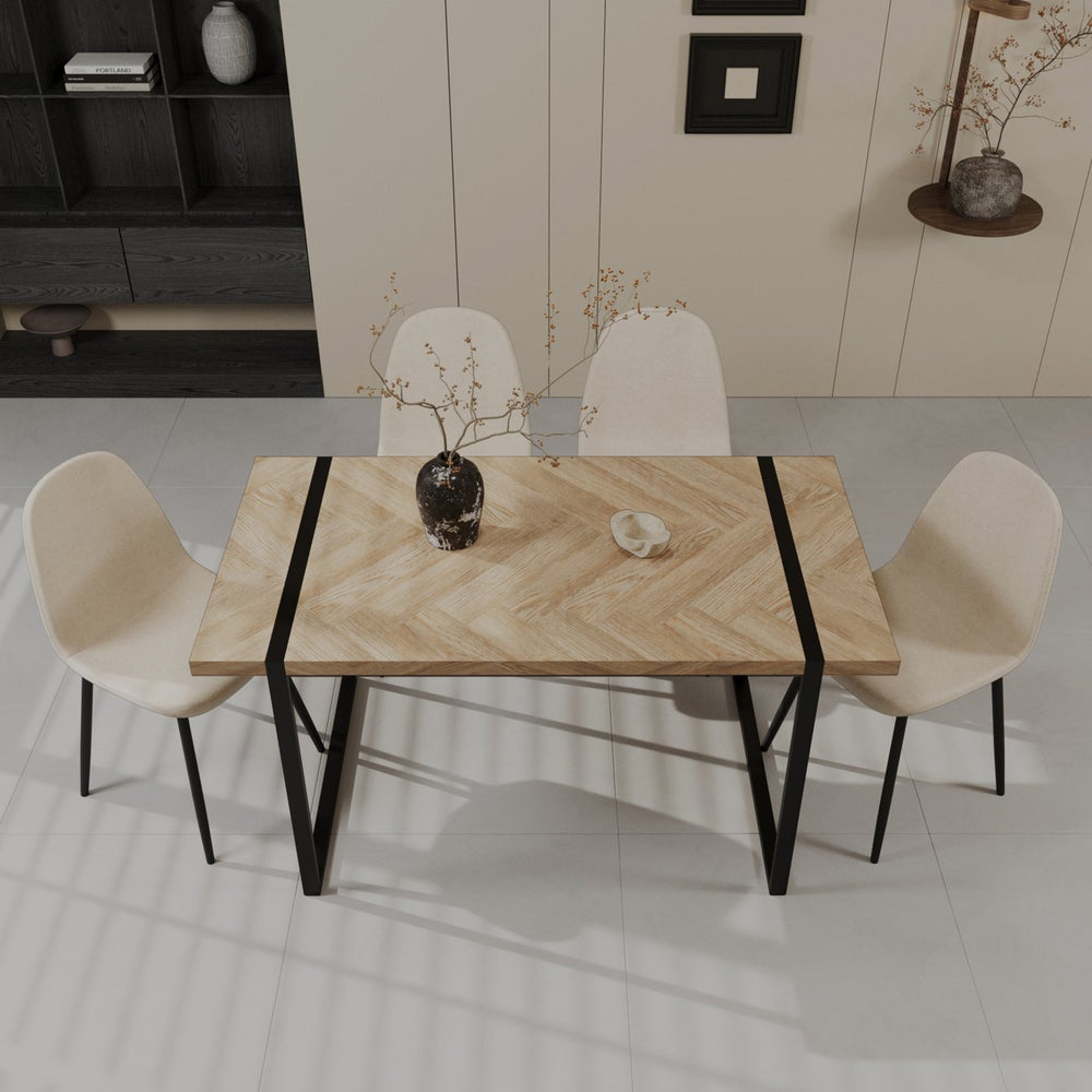 English Elm 59" Light Wood Mdf Dining Table Set with Suede Chairs and Black Metal Base W3732S00004