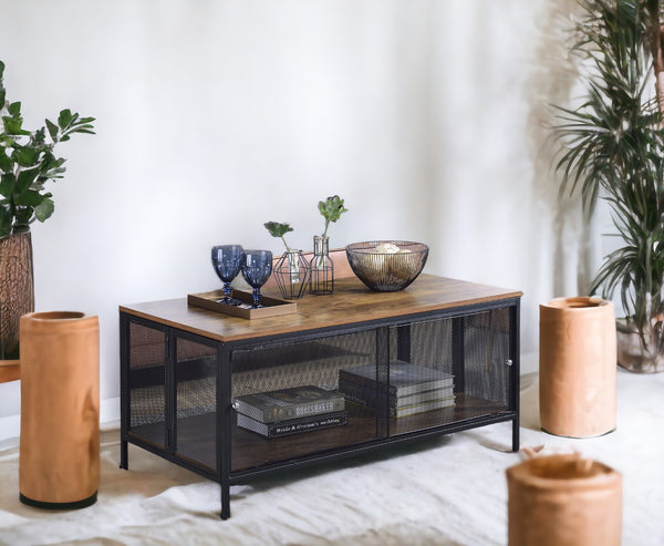 English Elm Winam Antique Oak Coffee Table with Black Metal Mesh Base, Foldable Top & 4 Sliding Doors Storage B2726P270994