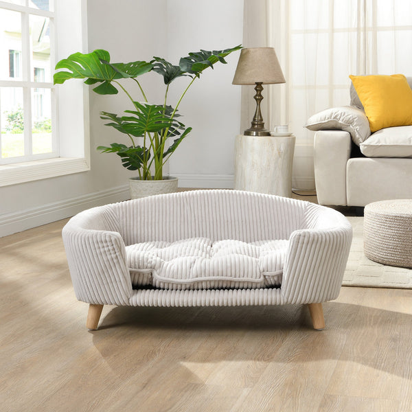English Elm Elevated Pet Sofa with Corduroy Upholstery Rubberwood Legs and Supportive Foam for Small Dogs Beige N779P395017A