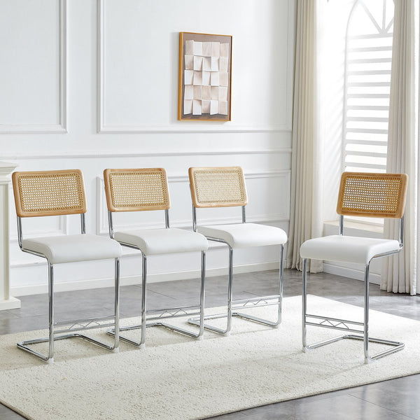 English Elm Natural Rattan Backrest Counter Stools Set of 4 with Chrome Legs and Pu Leather Seats W2920S00106