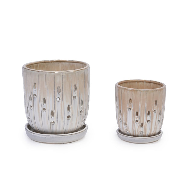 English Elm Set Of 2 Striped Ceramic Flowerpots - Modern 8" Planters With Drainage Holes For Stylish Displays W3273P322552-GIGA
