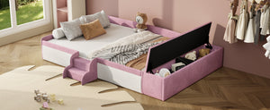 English Elm Full Size Kids Velvet Platform Daybed with Storage Ottoman Staircase Padded Rails Pink+White SF000202AAH