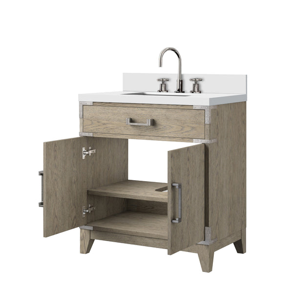 English Elm Grey Grey Oak Single Bath Vanity 30" W x 22" D with White Quartz Top, Soft-Close, Chrome Faucet Set, Storage B2731P259773