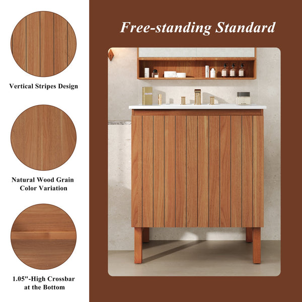 English Elm Christopher Knight Home® - 30" Modern Bathroom Vanity with Ceramic Sink, Natural Wood Grain, 45° Handle, Soft-Close, Ample Storage N817P245325N