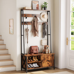 English Elm Hall Tree Entryway Organizer with Flip Shoe Cabinet Cushioned Bench and Industrial Wood Frame Brown+Black T5618P448215