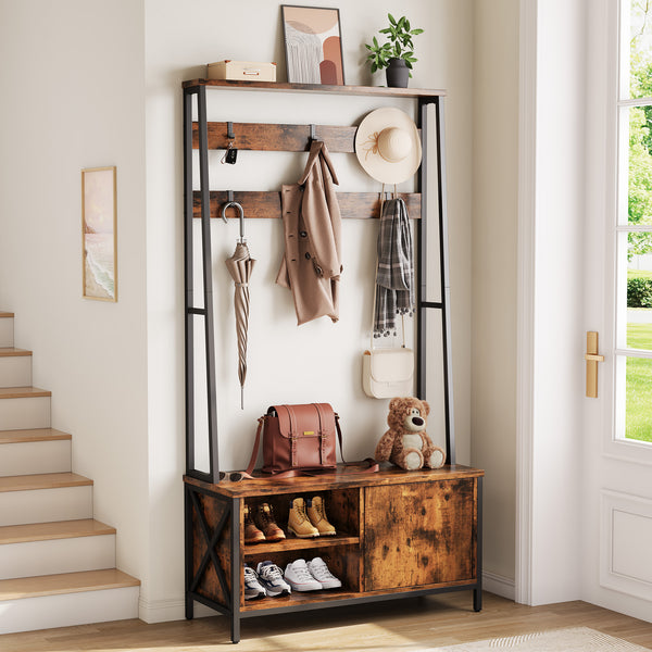 English Elm Hall Tree Entryway Organizer with Flip Shoe Cabinet Cushioned Bench and Industrial Wood Frame Brown+Black T5618P448215