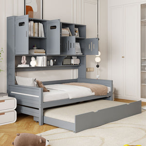 English Elm Twin Size Wooden Daybed With Trundle, Integrated Storage Cabinet & Shelves For Kids' Rooms, Gray N820S00026E-GIGA