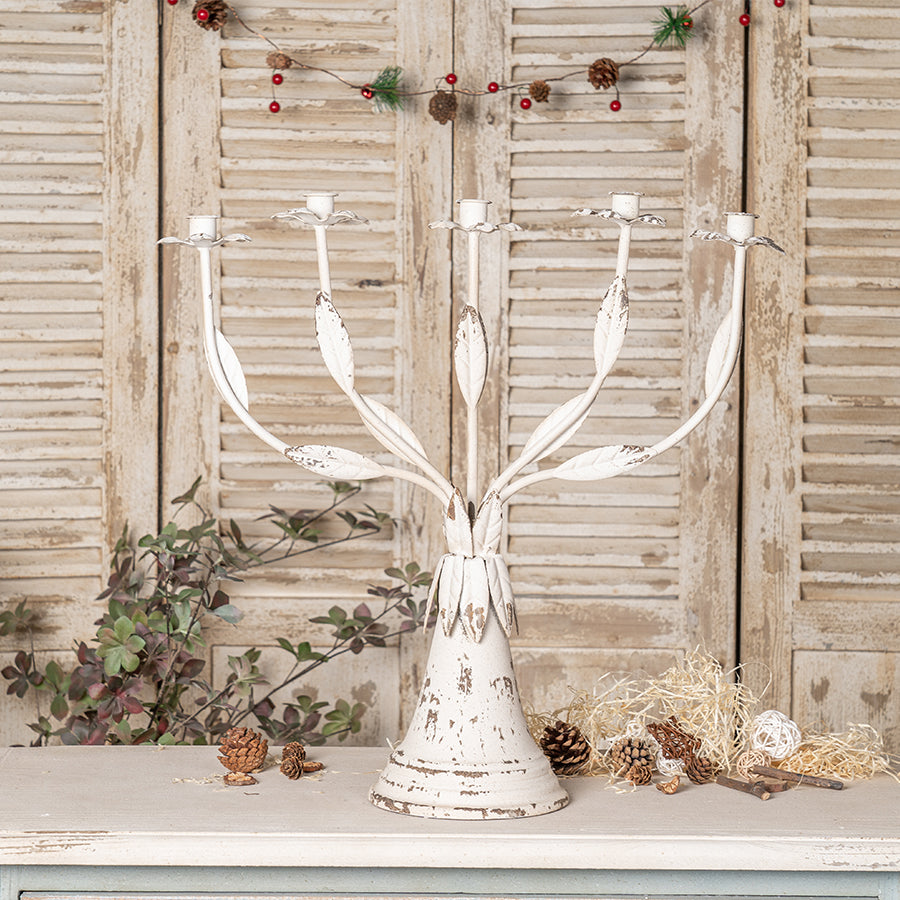 English Elm Vintage Metal Candelabra with Scrollwork Arms and Off-white Patina for Elegant Dining W2946P243906