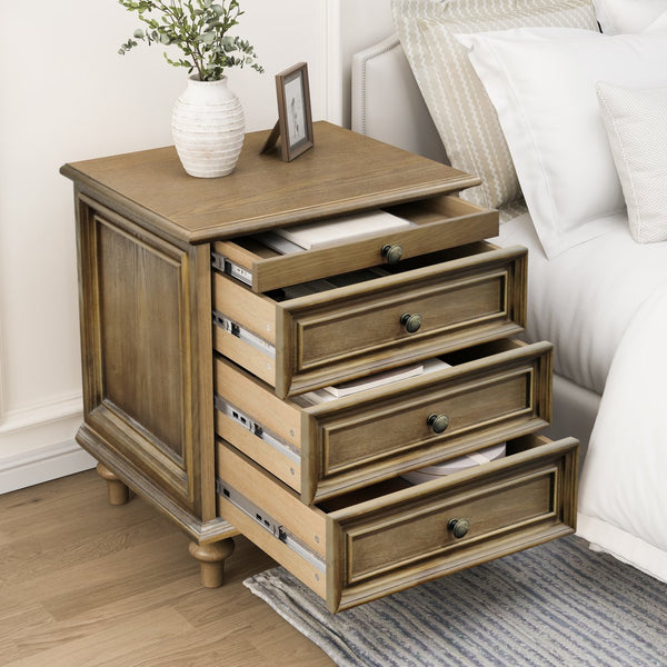 English Elm Farmhouse Nightstand Pine Wood Four Drawer Storage with Pull Out Tray Gourd Legs Light Brown W1716P399639