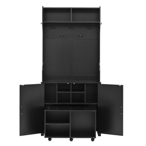 English Elm On-Trend 4-In-1 Farmhouse Hall Tree: Movable Bench, 7 Hooks, Shoe Storage & Rustic Style For Entryway N721P205788B-GIGA