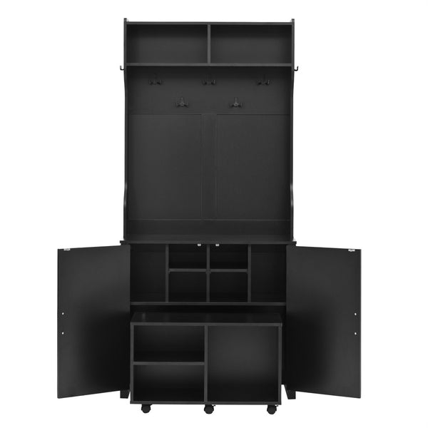 English Elm On-Trend 4-In-1 Farmhouse Hall Tree: Movable Bench, 7 Hooks, Shoe Storage & Rustic Style For Entryway N721P205788B-GIGA