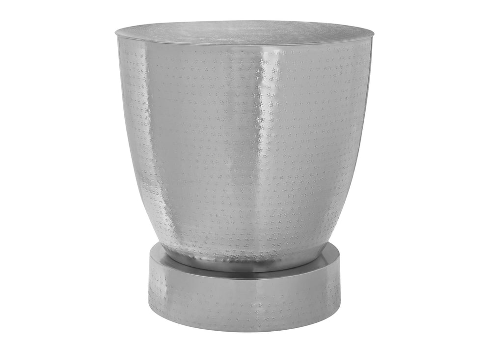 English Elm Accent Table, Chic Drum-Style Design In Hammered Chrome Finish, Modern Space-Saving Side Table B2710P219453