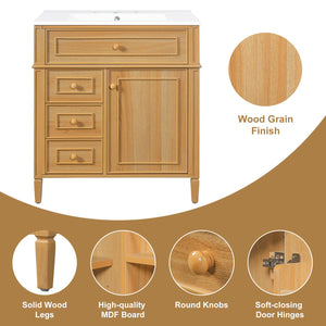 English Elm 30" Pine Wood Bathroom Vanity with Ceramic Sink Soft Close Drawers and Vintage Knobs N725P375498N