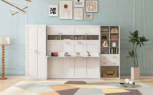 English Elm Full Size Murphy Wall Bed with Wardrobe Drawers Shelving for Studio Apartments LP000383AAK