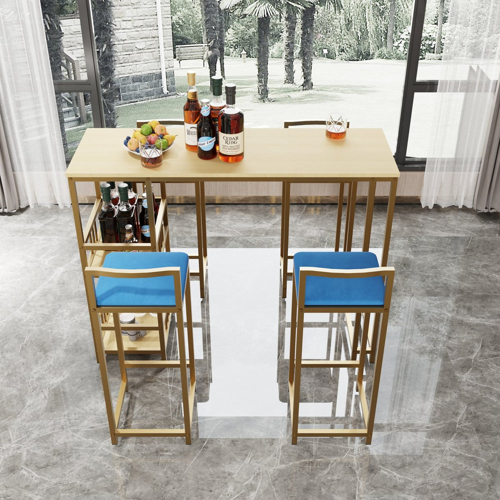 English Elm Bar Table and Four Cushioned Chairs Gold Iron Frame with Built-in Shelf Coastal Style W3064P245382