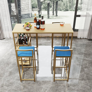 English Elm Bar Table and Four Cushioned Chairs Gold Iron Frame with Built-in Shelf Coastal Style W3064P245382