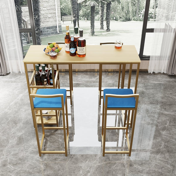 English Elm Bar Table and Four Cushioned Chairs Gold Iron Frame with Built-in Shelf Coastal Style W3064P245382