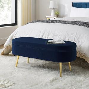 English Elm Ottoman Oval Flannel Storage Bench with Matte Metal Legs for Bedroom or Living Room Dark Blue W487P438630