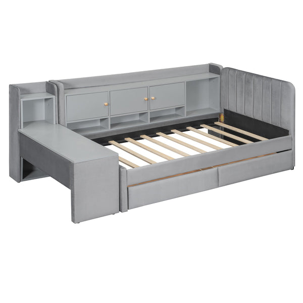 English Elm Twin Upholstered Daybed with Velvet Finish, High Back Shelves, Flip Cabinets, Drawers & Side Table Gray SF000196AAE