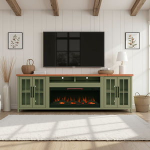 English Elm 97 Inch Fireplace Console for TVs to 100" Sage Green & Fruitwood, Electric Fireplace, Storage Space B108P160247