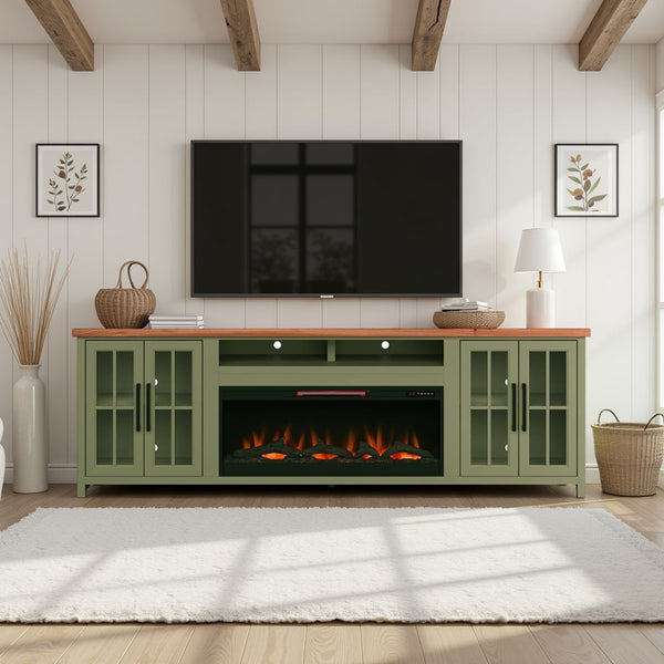 English Elm 97 Inch Fireplace Console for TVs to 100" Sage Green & Fruitwood, Electric Fireplace, Storage Space B108P160247