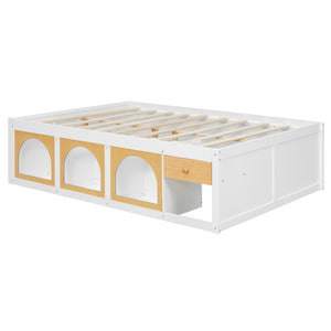 English Elm Full Size Kids Platform Bed with Led Lighting Bookshelf Display Cabinet and Storage Drawer White+Natural N820S00077K