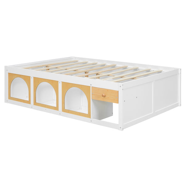 English Elm Full Size Kids Platform Bed with Led Lighting Bookshelf Display Cabinet and Storage Drawer White+Natural N820S00077K
